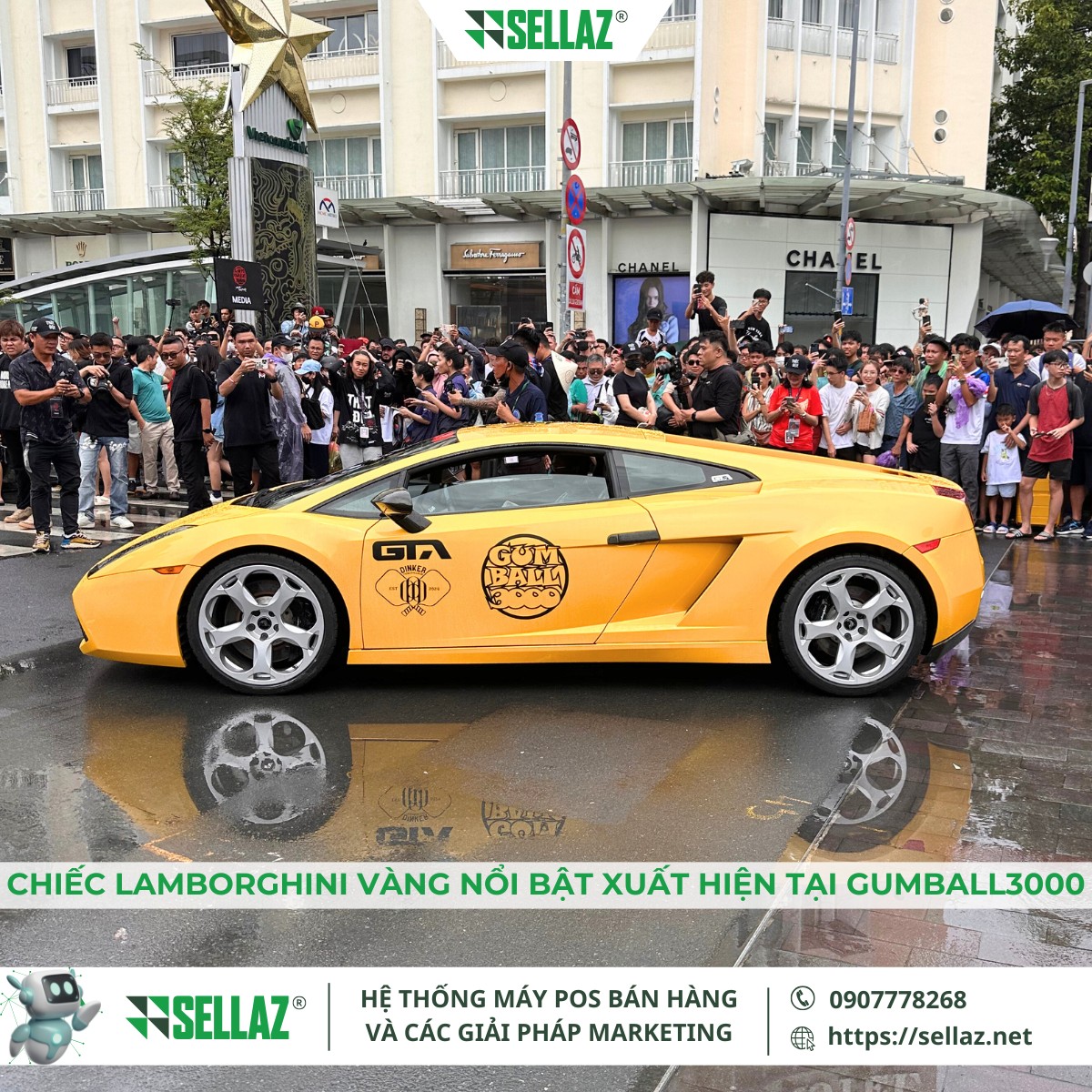 Thuê máy POS sự kiện siêu xe: Sellaz Đồng Hành Gumball3000 Chiếc Lamborghini vàng xuất hiện nổi bật giữa hàng trăm siêu xe tại Gumball3000.