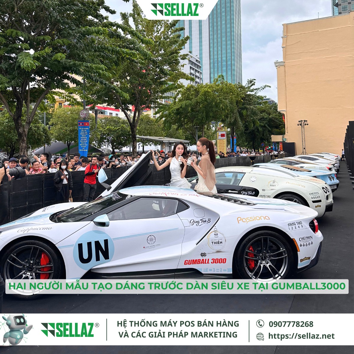 Thuê máy POS sự kiện siêu xe: Sellaz Đồng Hành Gumball3000 Hai người mẫu tạo dáng trước dàn siêu xe Gumball3000 gây ấn tượng mạnh tại sự kiện