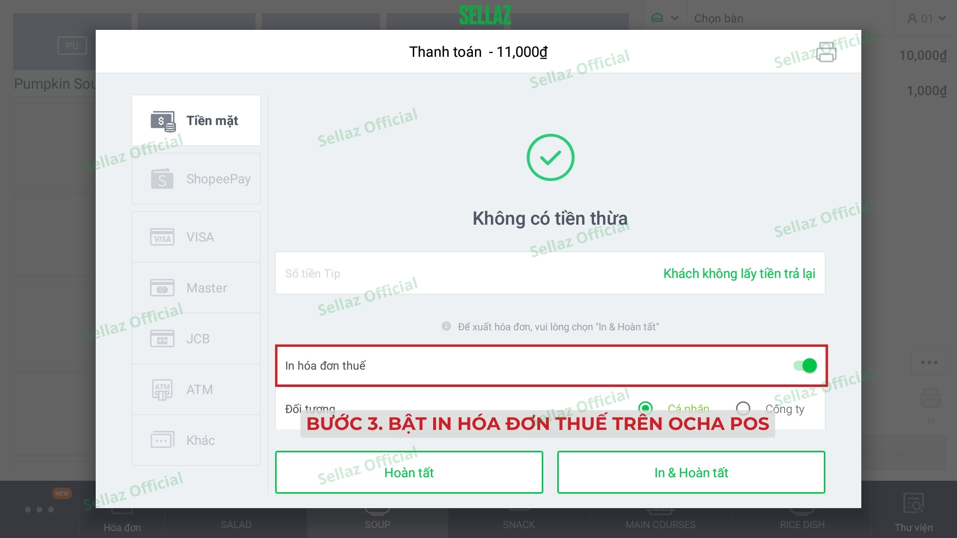 Hướng dẫn kết nối hóa đơn điện tử từ Ocha POS năm 2025 Giao diện thanh toán Ocha POS với tùy chọn bật in hóa đơn thuế (VAT)
