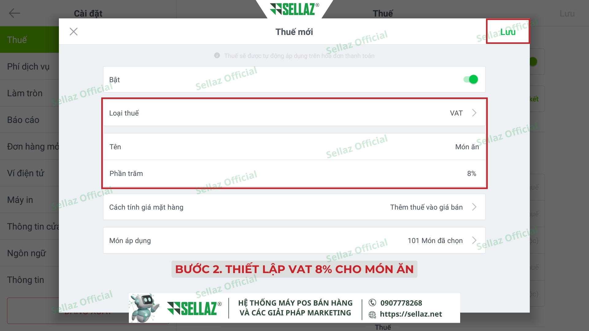 Hướng dẫn kết nối hóa đơn điện tử từ Ocha POS năm 2025 Thiết lập loại thuế VAT 8% áp dụng cho món ăn trong phần mềm Ocha POS
