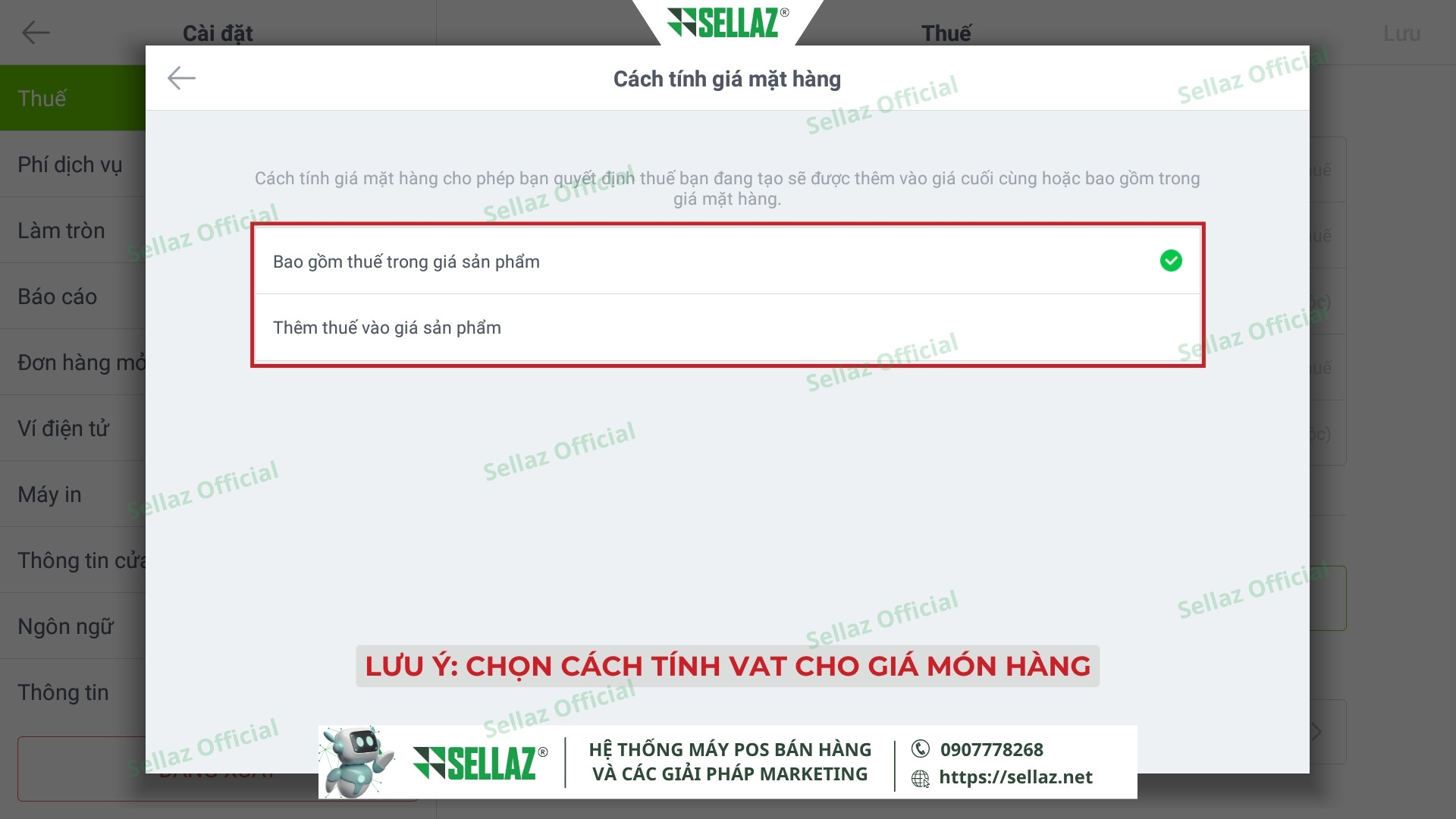 Hướng dẫn kết nối hóa đơn điện tử từ Ocha POS năm 2025 Giao diện chọn cách tính VAT: bao gồm trong giá hoặc cộng thêm vào giá bán