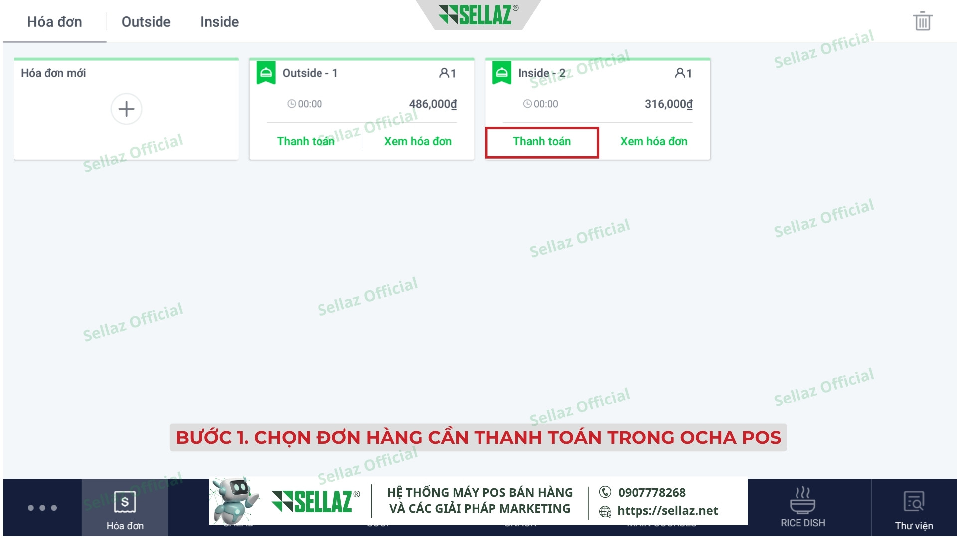 Hướng dẫn kết nối hóa đơn điện tử từ Ocha POS năm 2025 Màn hình hiển thị các hóa đơn đang xử lý trong Ocha POS, sẵn sàng để thanh toán