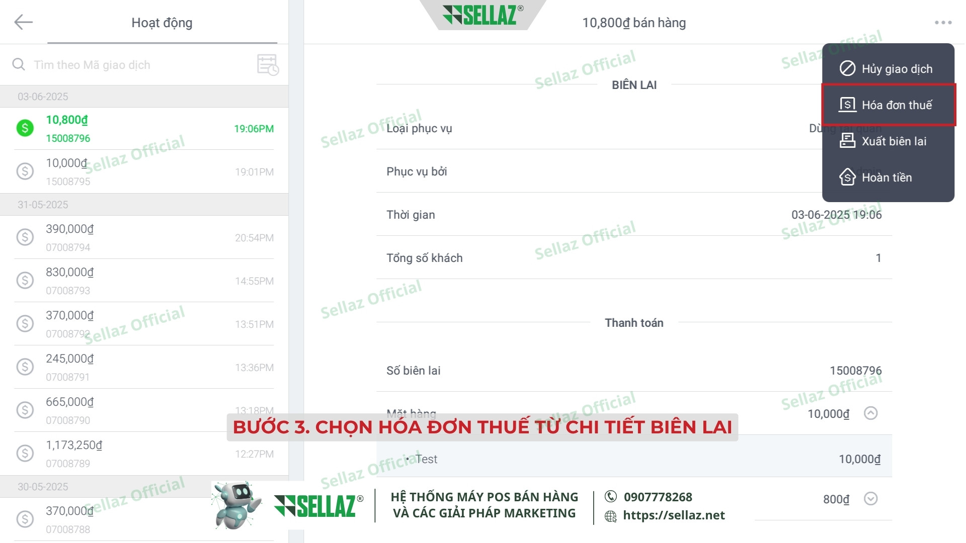Hướng dẫn kết nối hóa đơn điện tử từ Ocha POS năm 2025 Chọn chức năng xuất hóa đơn VAT từ mục chi tiết giao dịch trong Ocha POS