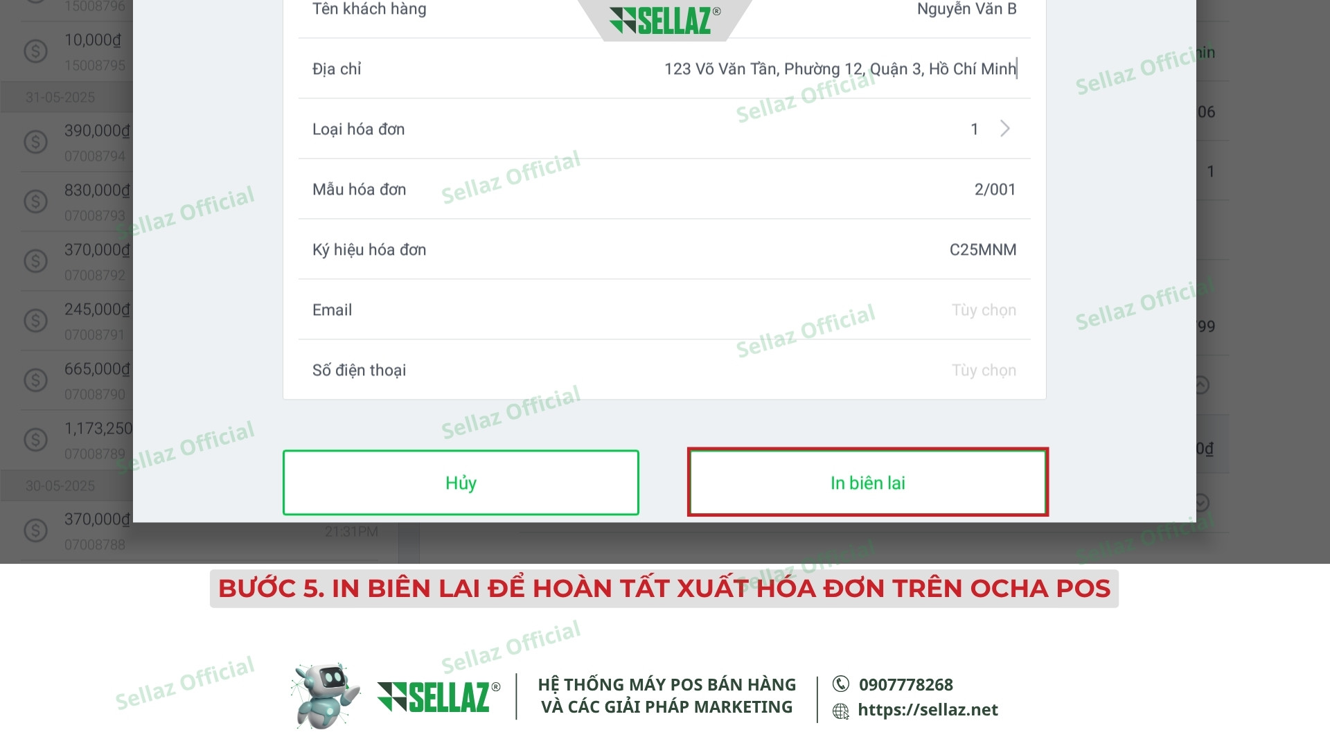 Hướng dẫn kết nối hóa đơn điện tử từ Ocha POS năm 2025 Xác nhận in biên lai sau khi nhập thông tin hóa đơn VAT trong Ocha POS
