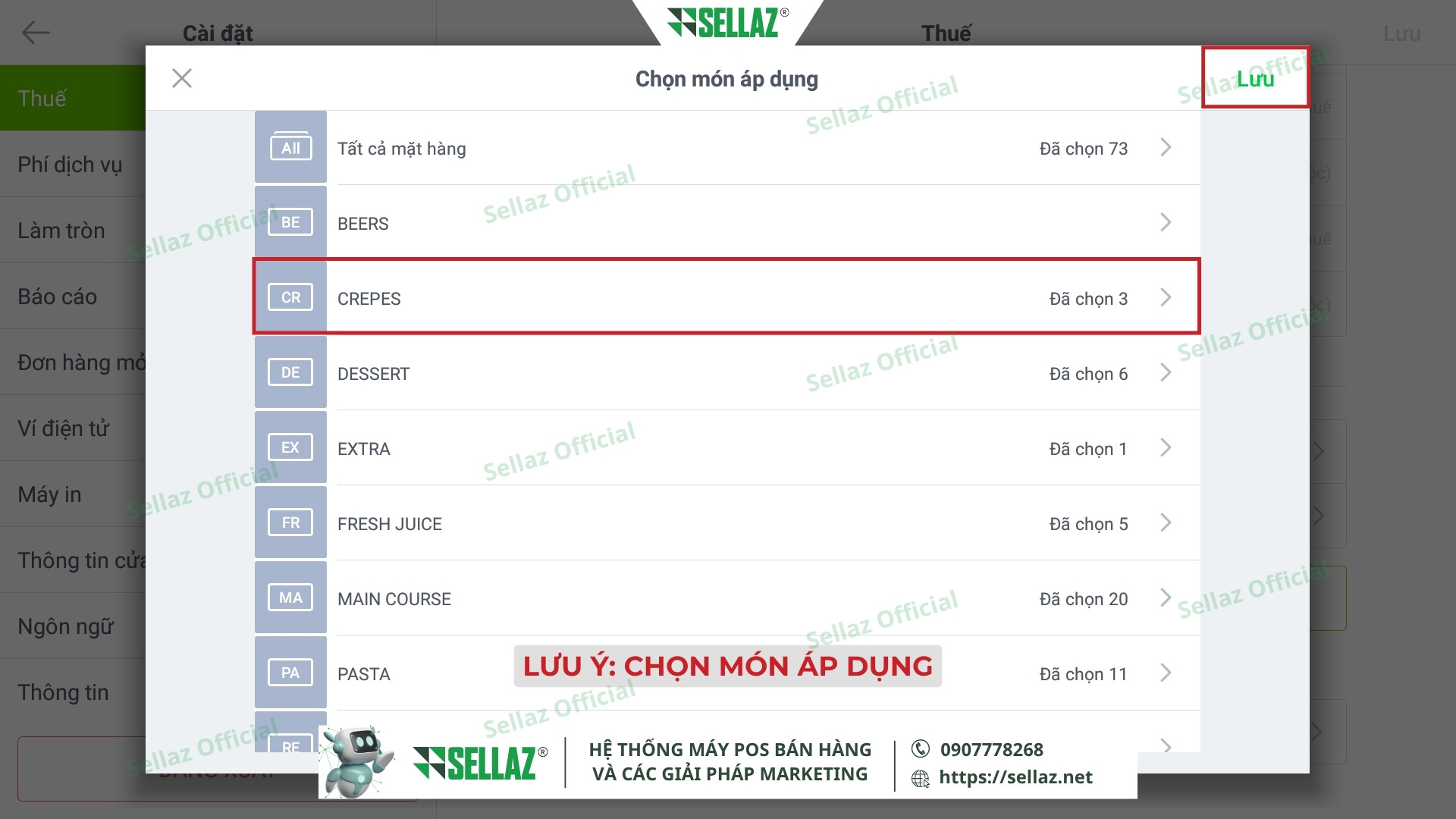 Hướng dẫn kết nối hóa đơn điện tử từ Ocha POS năm 2025 Chọn các nhóm món ăn hoặc đồ uống áp dụng mức thuế VAT cụ thể trong Ocha POS
