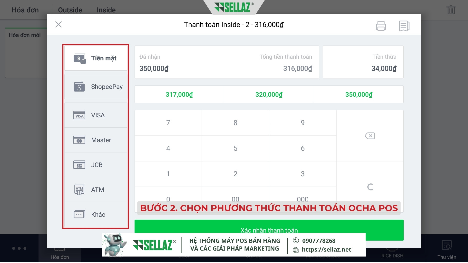 Hướng dẫn kết nối hóa đơn điện tử từ Ocha POS năm 2025 Giao diện chọn hình thức thanh toán như tiền mặt, ShopeePay, VISA, Master... trong Ocha POS