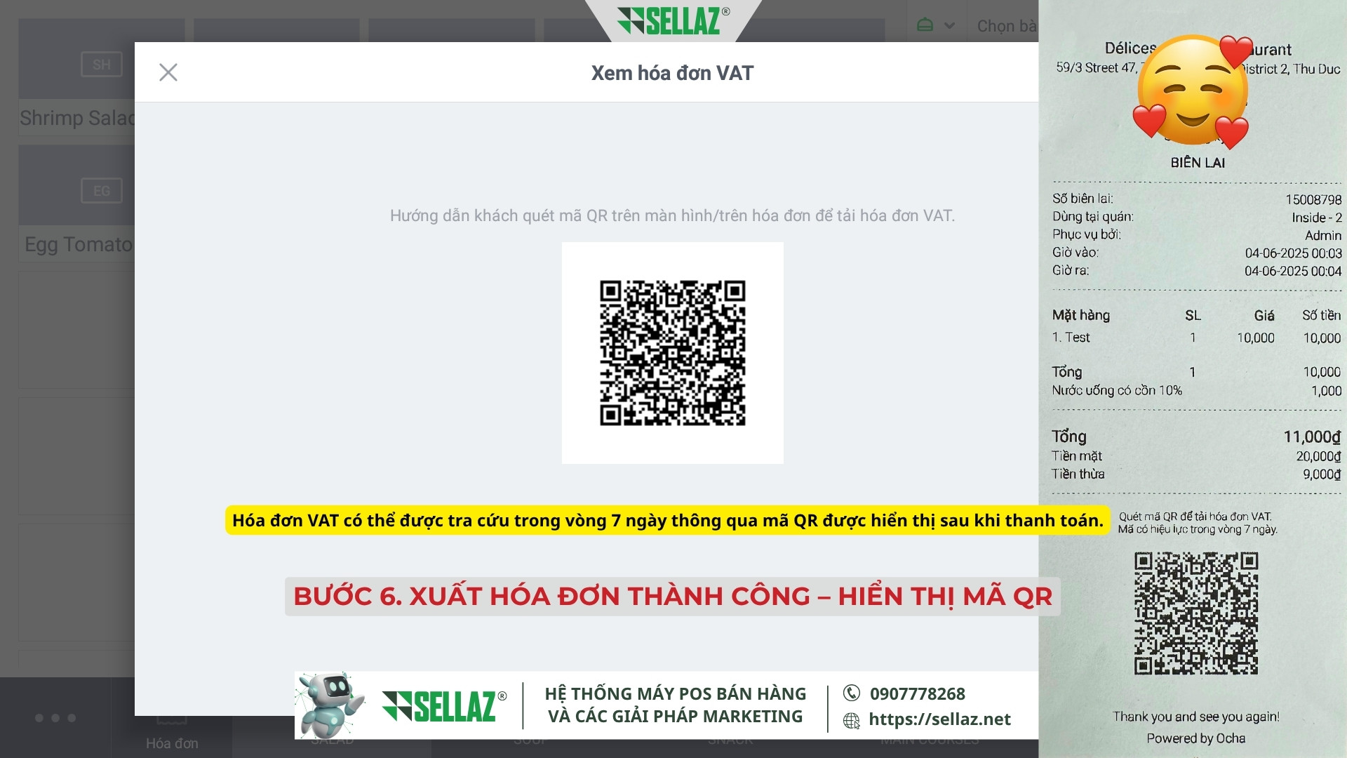 Hướng dẫn kết nối hóa đơn điện tử từ Ocha POS năm 2025 Mã QR hóa đơn VAT sau khi xuất thành công để khách hàng quét và tải về