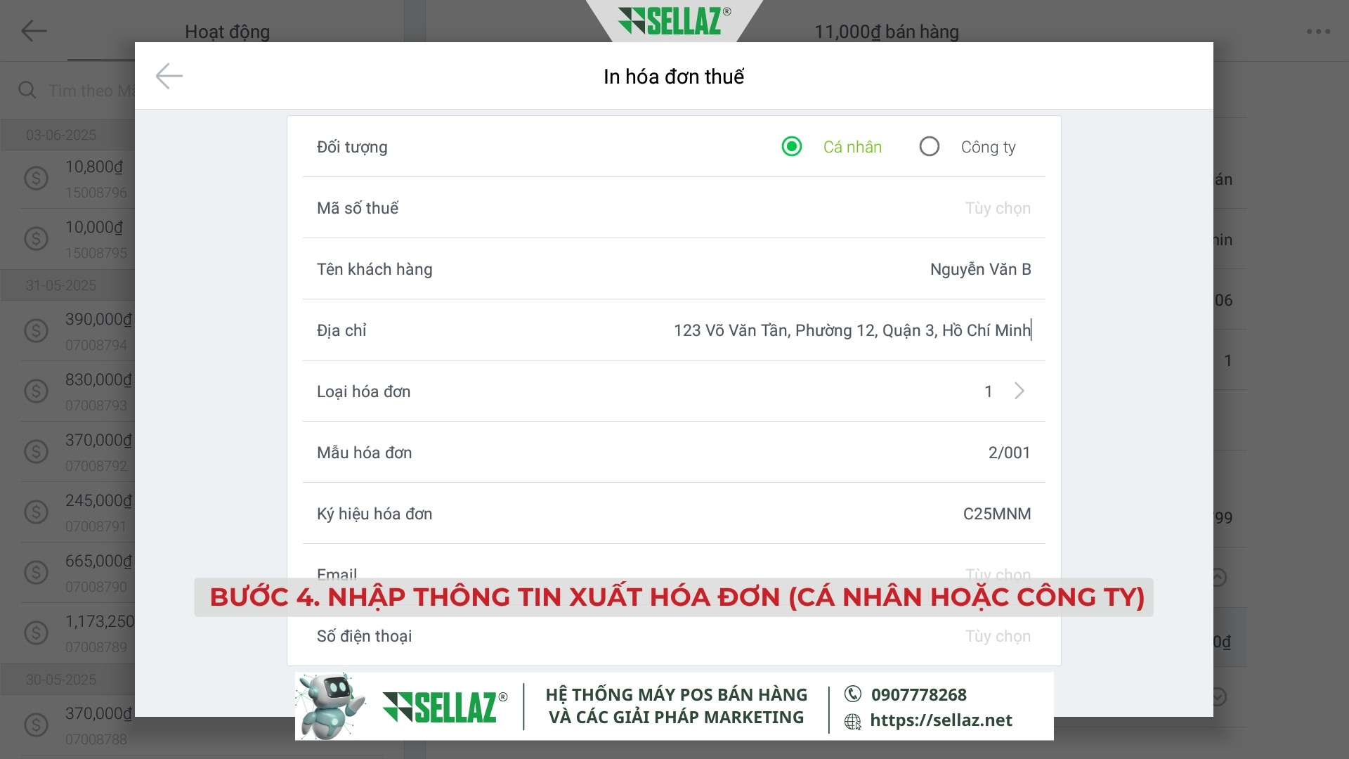 Hướng dẫn kết nối hóa đơn điện tử từ Ocha POS năm 2025 Nhập thông tin hóa đơn điện tử cho khách cá nhân hoặc công ty từ mục Hoạt động trong Ocha POS