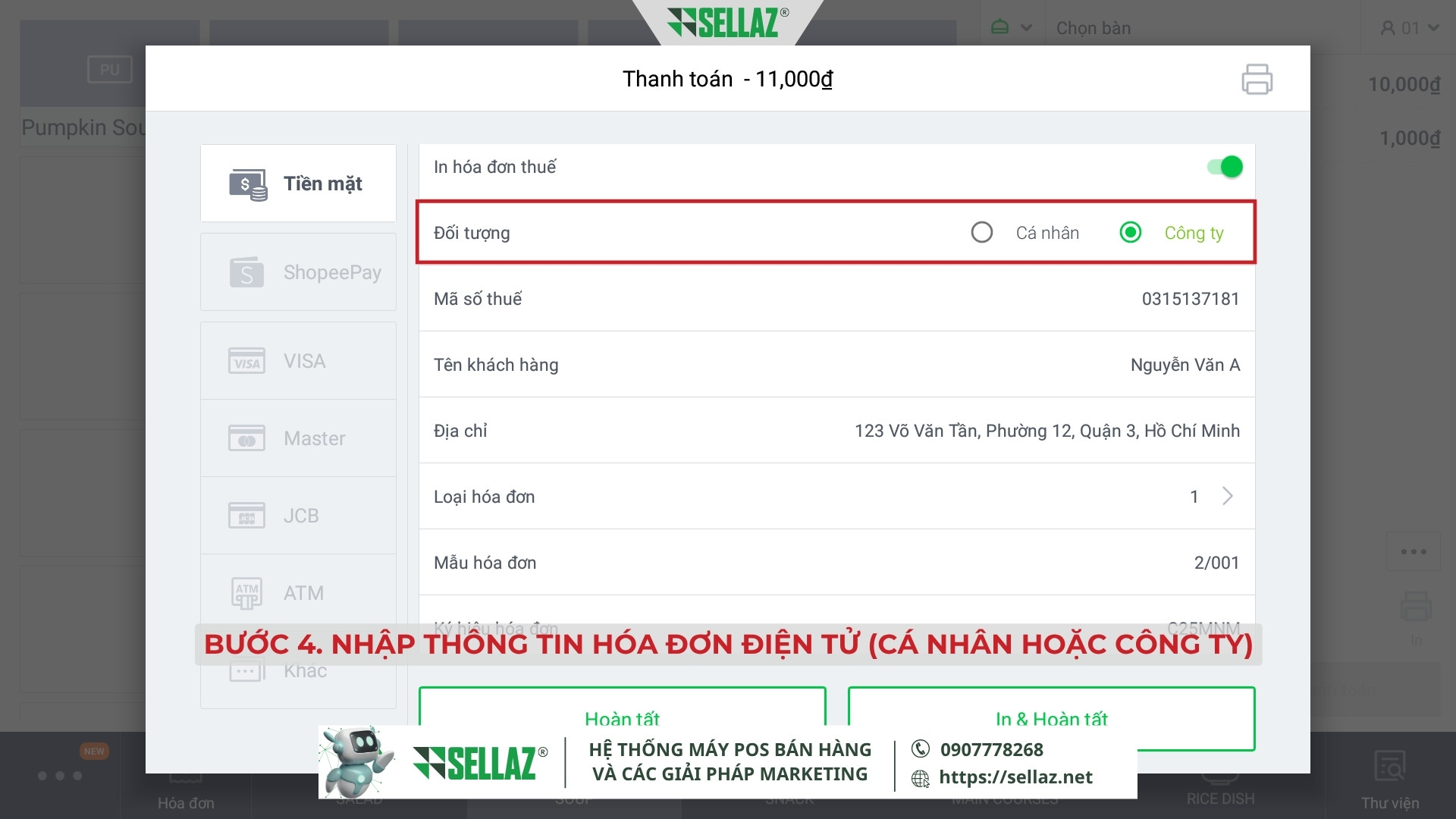 Hướng dẫn kết nối hóa đơn điện tử từ Ocha POS năm 2025 Giao diện nhập thông tin khách hàng như tên, mã số thuế, địa chỉ để xuất hóa đơn VAT trong Ocha POS