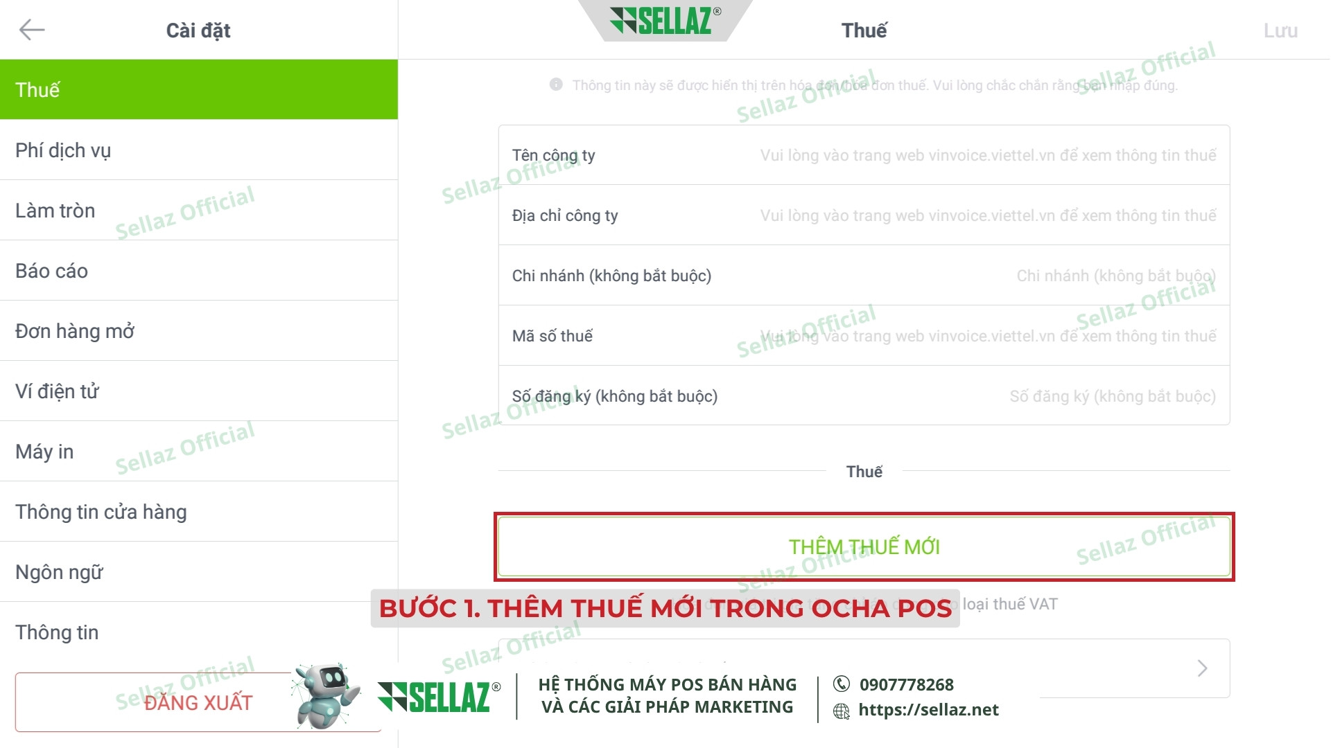 Hướng dẫn kết nối hóa đơn điện tử từ Ocha POS năm 2025 Giao diện thiết lập thuế trong phần mềm Ocha POS với nút Thêm thuế mới