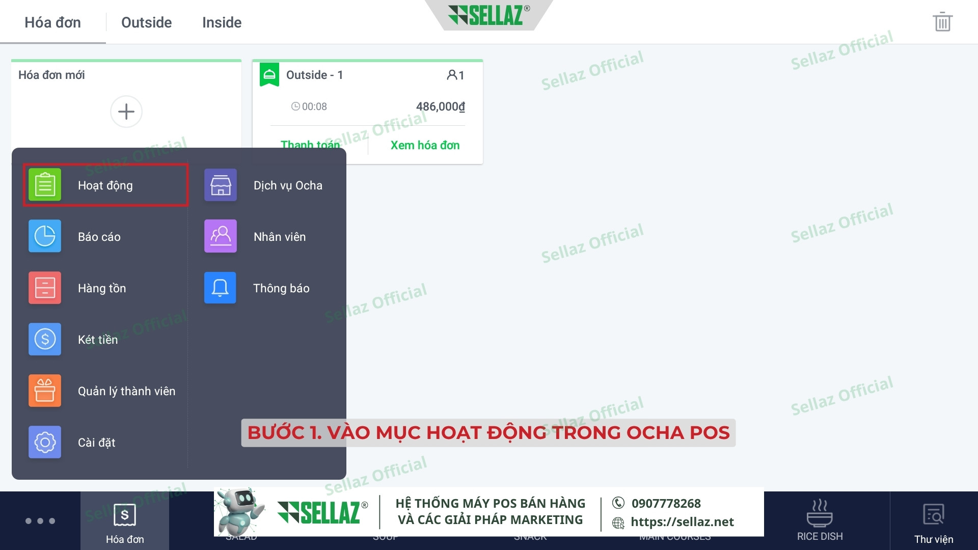 Hướng dẫn kết nối hóa đơn điện tử từ Ocha POS năm 2025 Giao diện menu Ocha POS với tùy chọn vào mục Hoạt động để tra cứu giao dịch