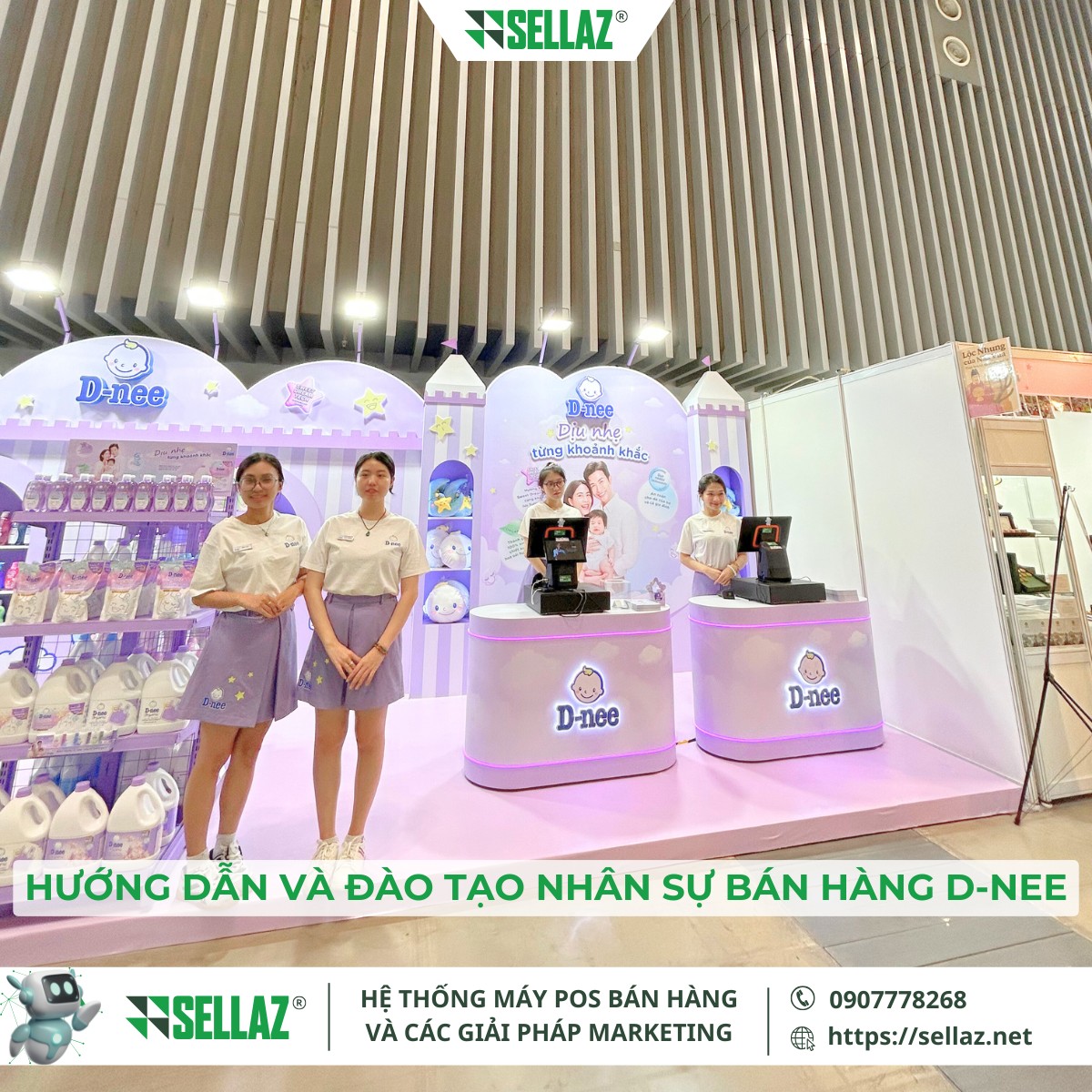 Thuê máy POS sự kiện: Sellaz đồng hành cùng D-nee tại Vietbaby 2025 Sellaz hướng dẫn nhân viên Dnee sử dụng dịch vụ thuê máy POS sự kiện tại triển lãm