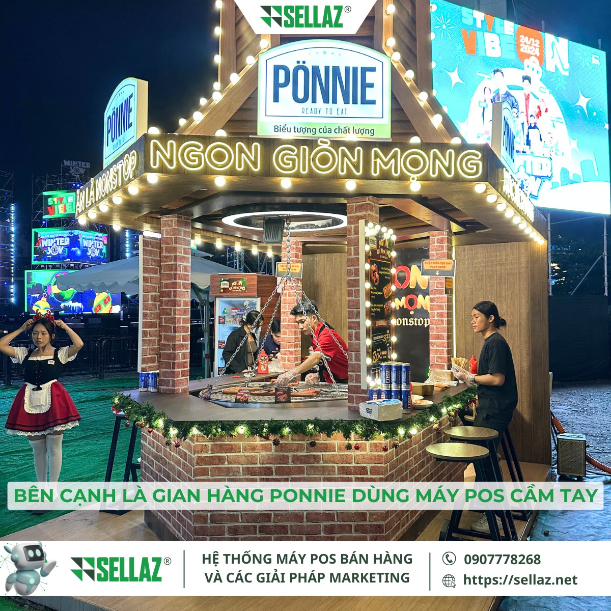 Thuê máy POS sự kiện: Sellaz đồng hành cùng Lay's x3 Gian hàng Ponnie tại sự kiện cạnh Lay's sử dụng máy POS cầm tay của Sellaz để phục vụ khách hàng thuận tiện và linh hoạt hơn