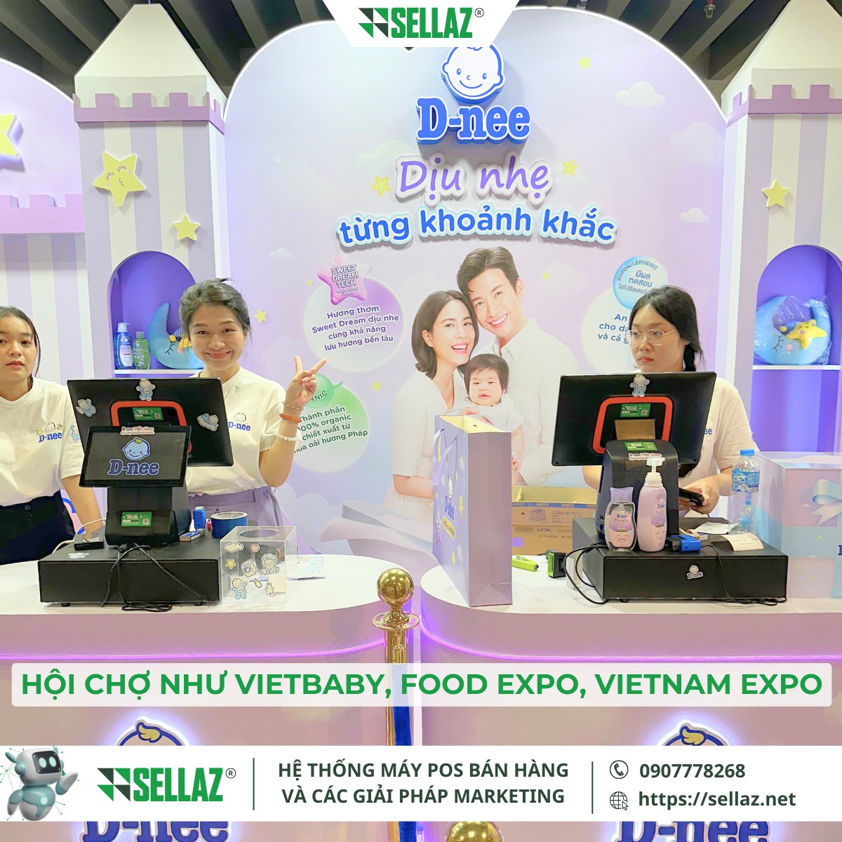 Thuê máy POS sự kiện: Sellaz đồng hành cùng D-nee tại Vietbaby 2025 Nhân viên Dnee sử dụng máy POS bán hàng tại hội chợ Vietbaby do Sellaz cung cấp
