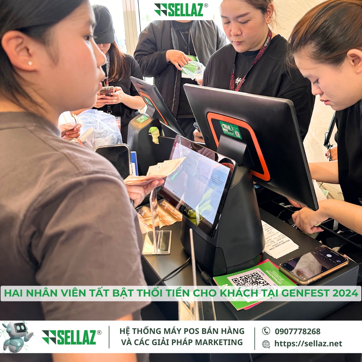 Sellaz cho thuê máy POS Genfest 2024: Lễ hội âm nhạc "Phố Trong Phố" Nhân viên thu ngân Sellaz đang tất bật xử lý đơn hàng và thanh toán tiền mặt cho khách tại Genfest 2024